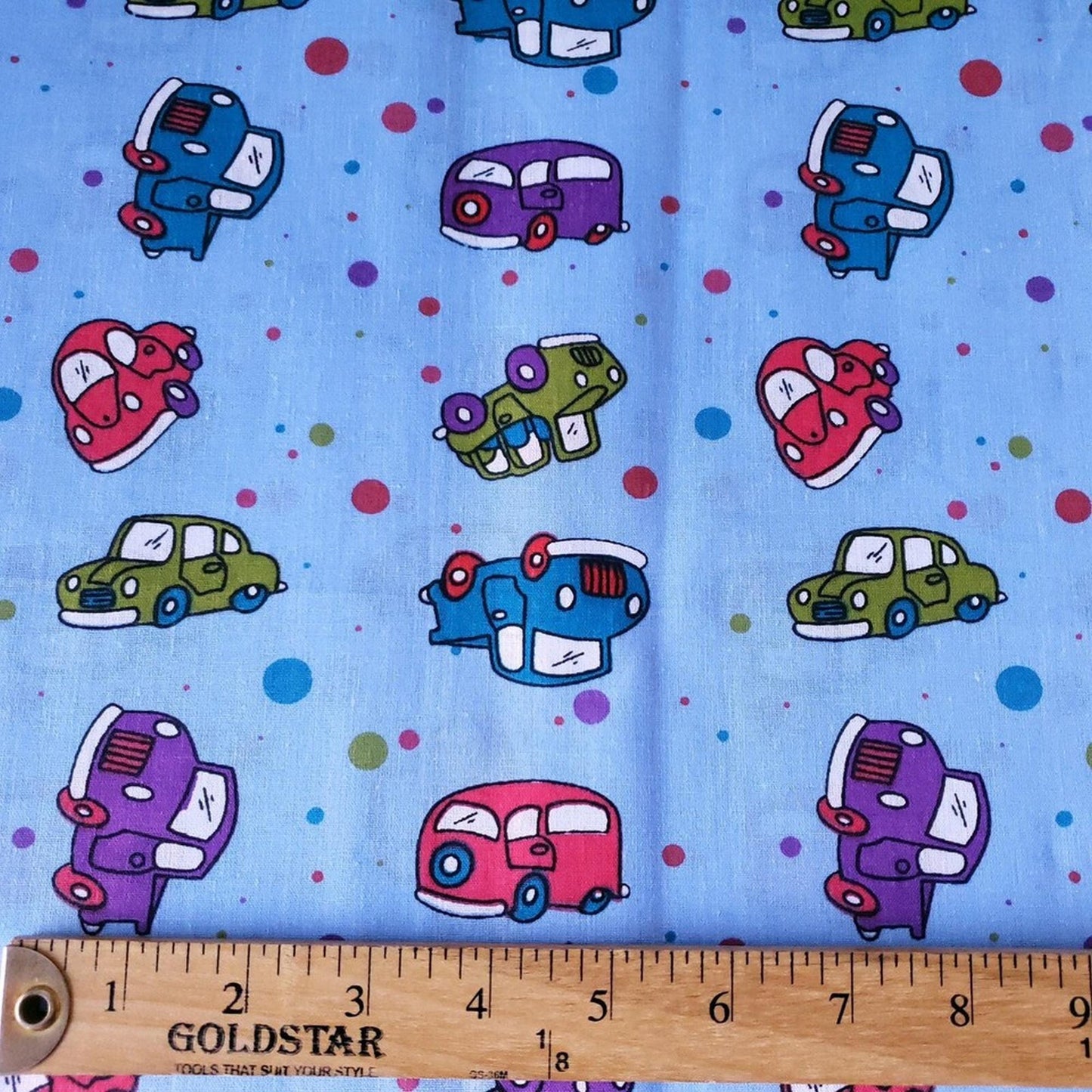 Retro Toy Cars and Trucks on Blue Poly Cotton Broadcloth Fabric by the Yard