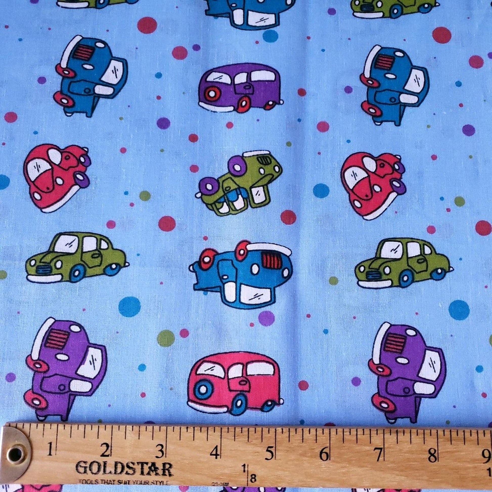 Retro Toy Cars and Trucks on Blue Poly Cotton Broadcloth Fabric by the Yard