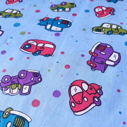 Retro Toy Cars and Trucks on Blue Poly Cotton Broadcloth Fabric by the Yard