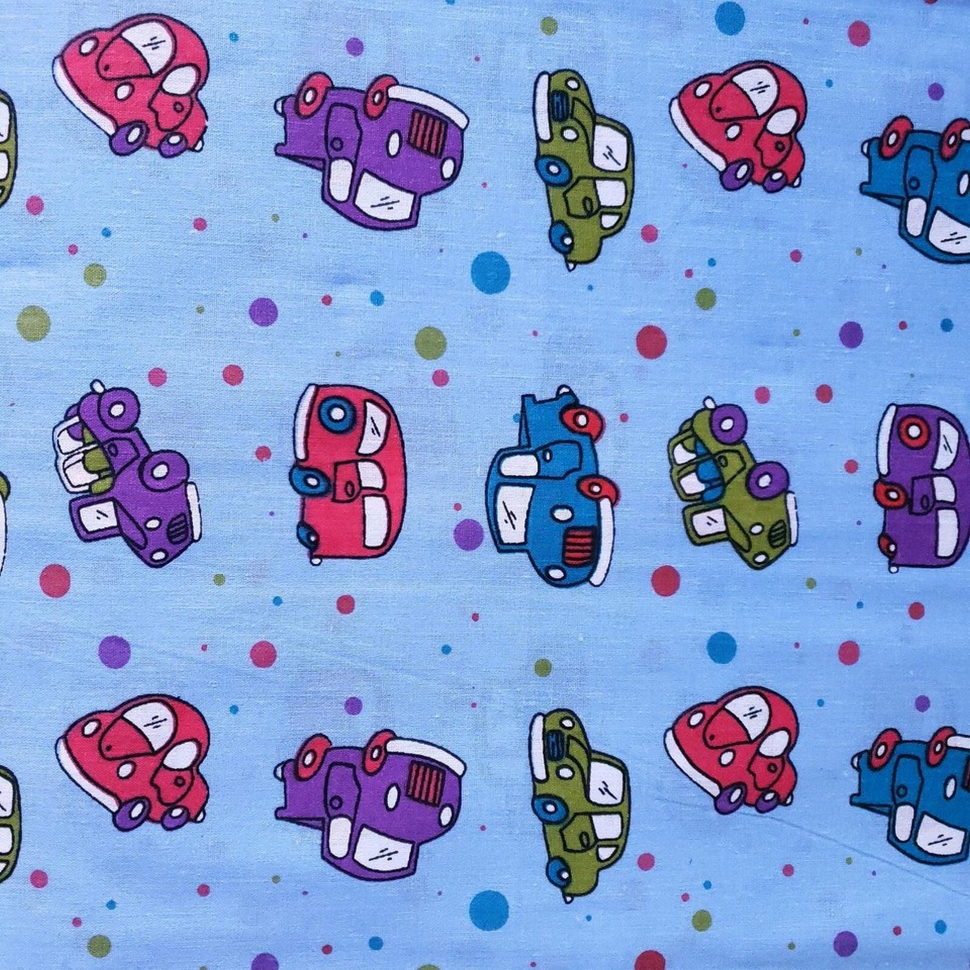 Retro Toy Cars and Trucks on Blue Poly Cotton Broadcloth Fabric by the Yard