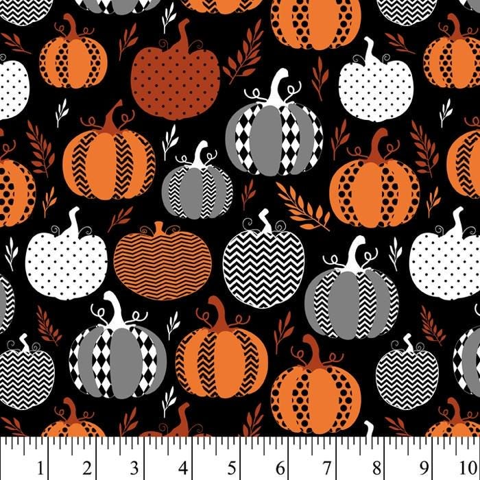 Pumpkin Print Cotton Fabric By the Yard Multi Pumpkin Shapes on 44" Black Cotton Quilting Cotton for Sewing, Crafts and Home decor