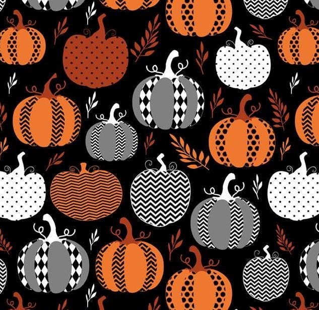 Pumpkin Print Cotton Fabric By the Yard Multi Pumpkin Shapes on 44" Black Cotton Quilting Cotton for Sewing, Crafts and Home decor