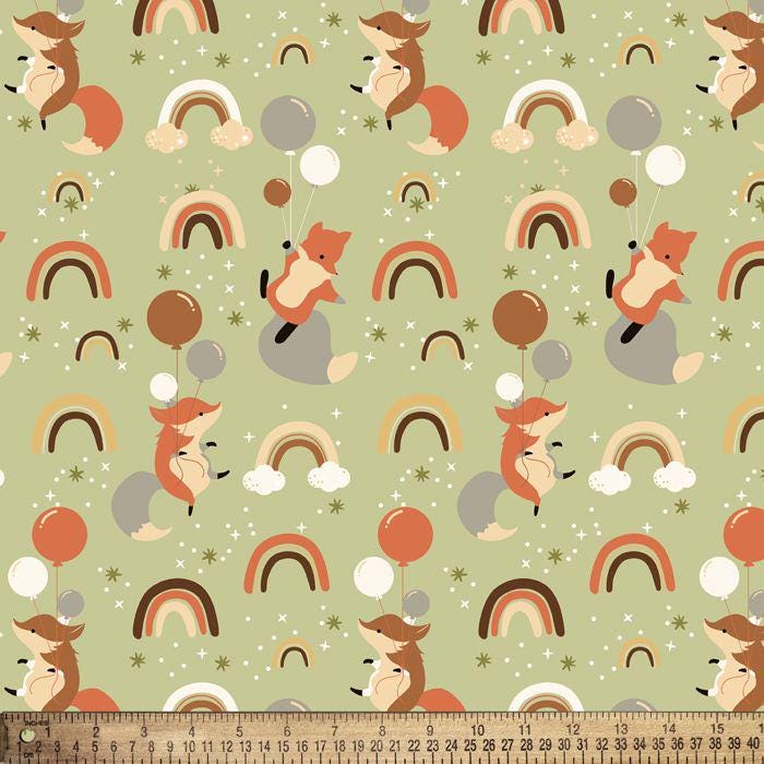 Baby Woodland Red Fox n Rainbows Green Cute Flannel Prints 100% Cotton Flannel Fabric - DIY Sewing and No Sew Creations