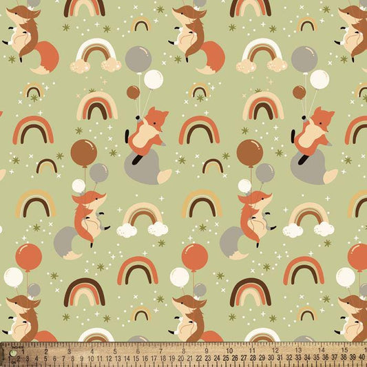 Baby Woodland Red Fox n Rainbows Green Cute Flannel Prints 100% Cotton Flannel Fabric - DIY Sewing and No Sew Creations