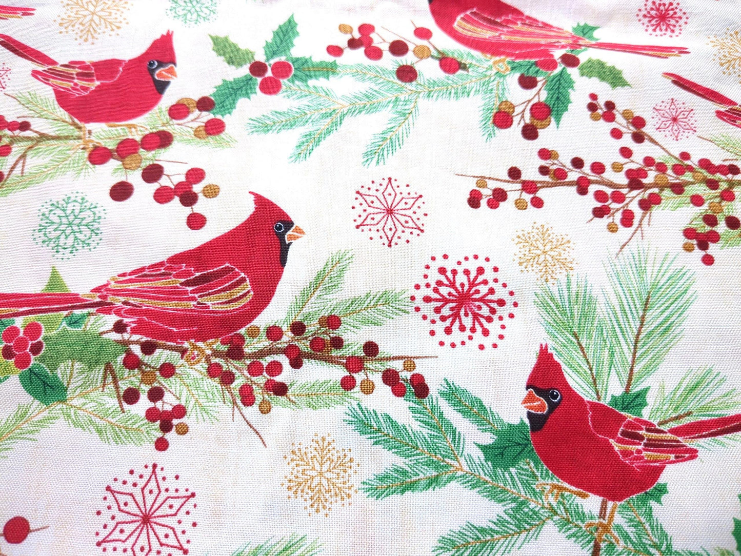 Cotton Fabric 44"x70” Red Cardinal Birds On Beige Background Holiday Winter Print Green Holly Pine and Snowflakes