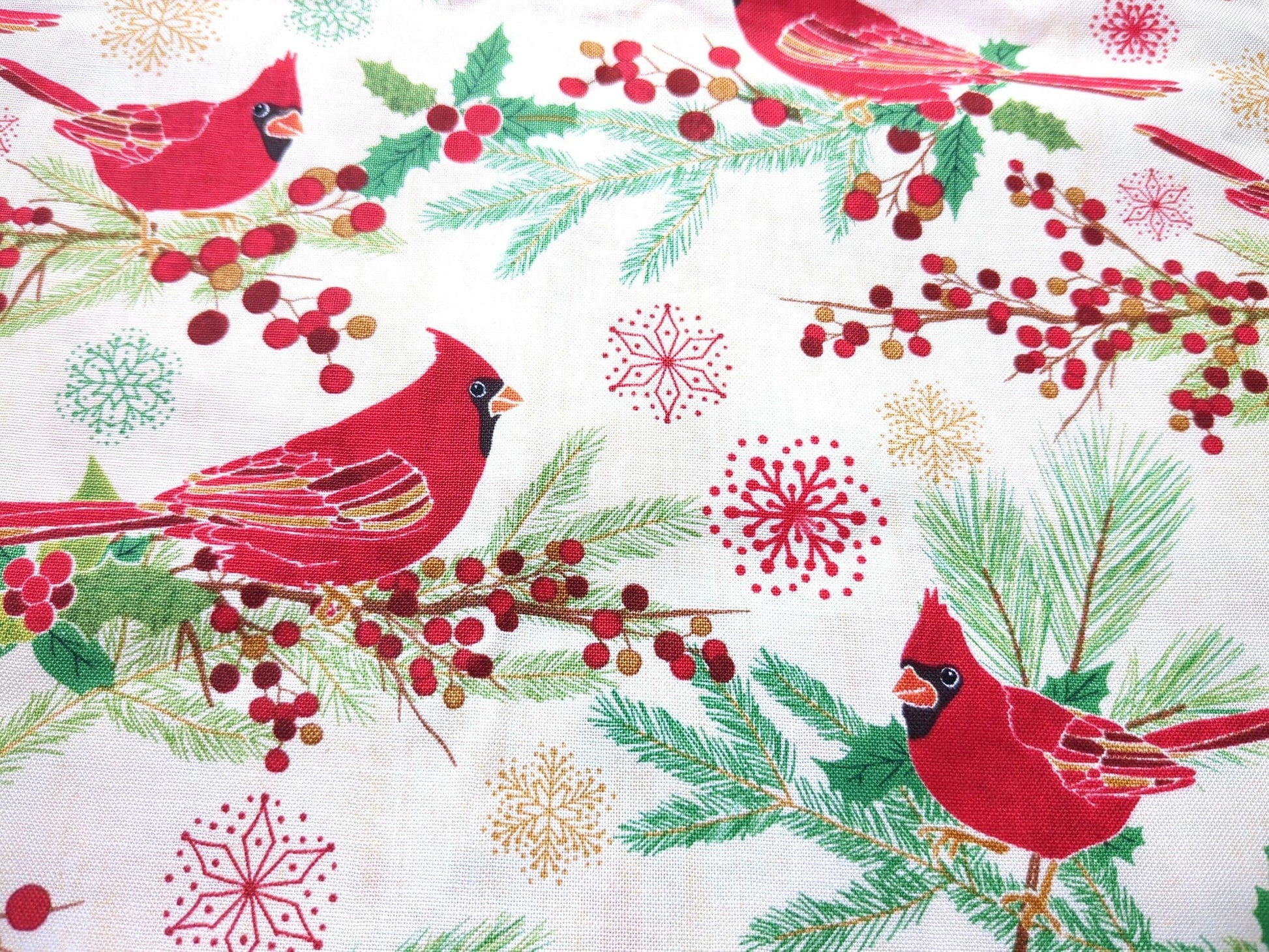 Cotton Fabric 44"x70” Red Cardinal Birds On Beige Background Holiday Winter Print Green Holly Pine and Snowflakes