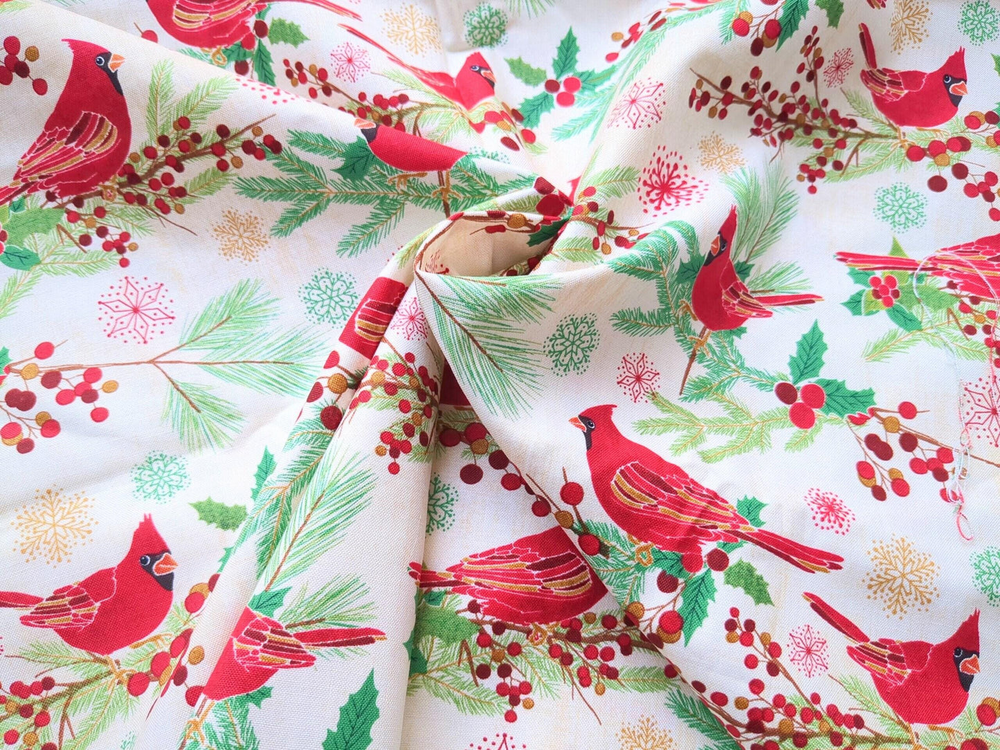 Cotton Fabric 44"x70” Red Cardinal Birds On Beige Background Holiday Winter Print Green Holly Pine and Snowflakes