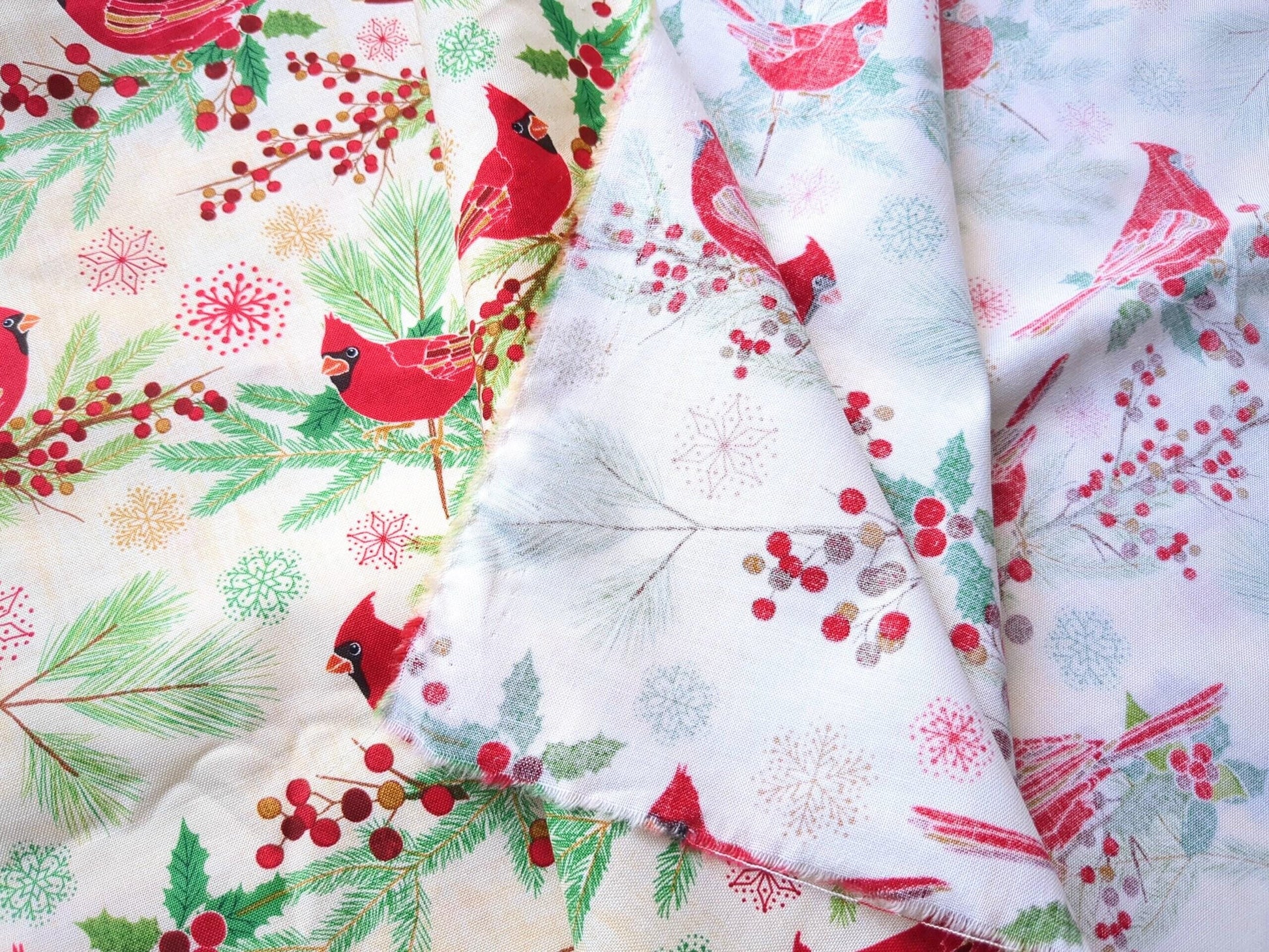 Cotton Fabric 44"x70” Red Cardinal Birds On Beige Background Holiday Winter Print Green Holly Pine and Snowflakes