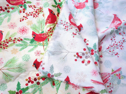 Cotton Fabric 44"x70” Red Cardinal Birds On Beige Background Holiday Winter Print Green Holly Pine and Snowflakes