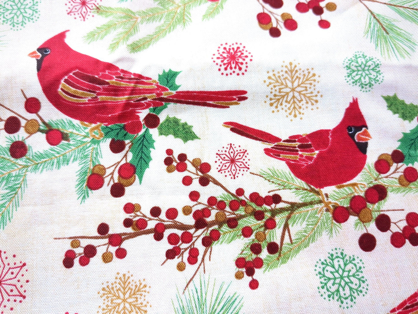 Cotton Fabric 44"x70” Red Cardinal Birds On Beige Background Holiday Winter Print Green Holly Pine and Snowflakes