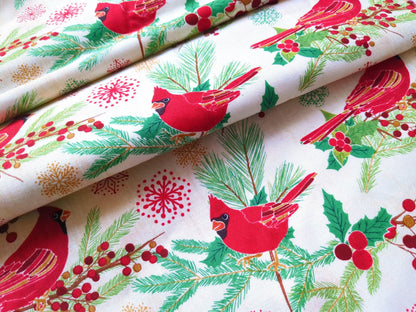 Cotton Fabric 44"x70” Red Cardinal Birds On Beige Background Holiday Winter Print Green Holly Pine and Snowflakes