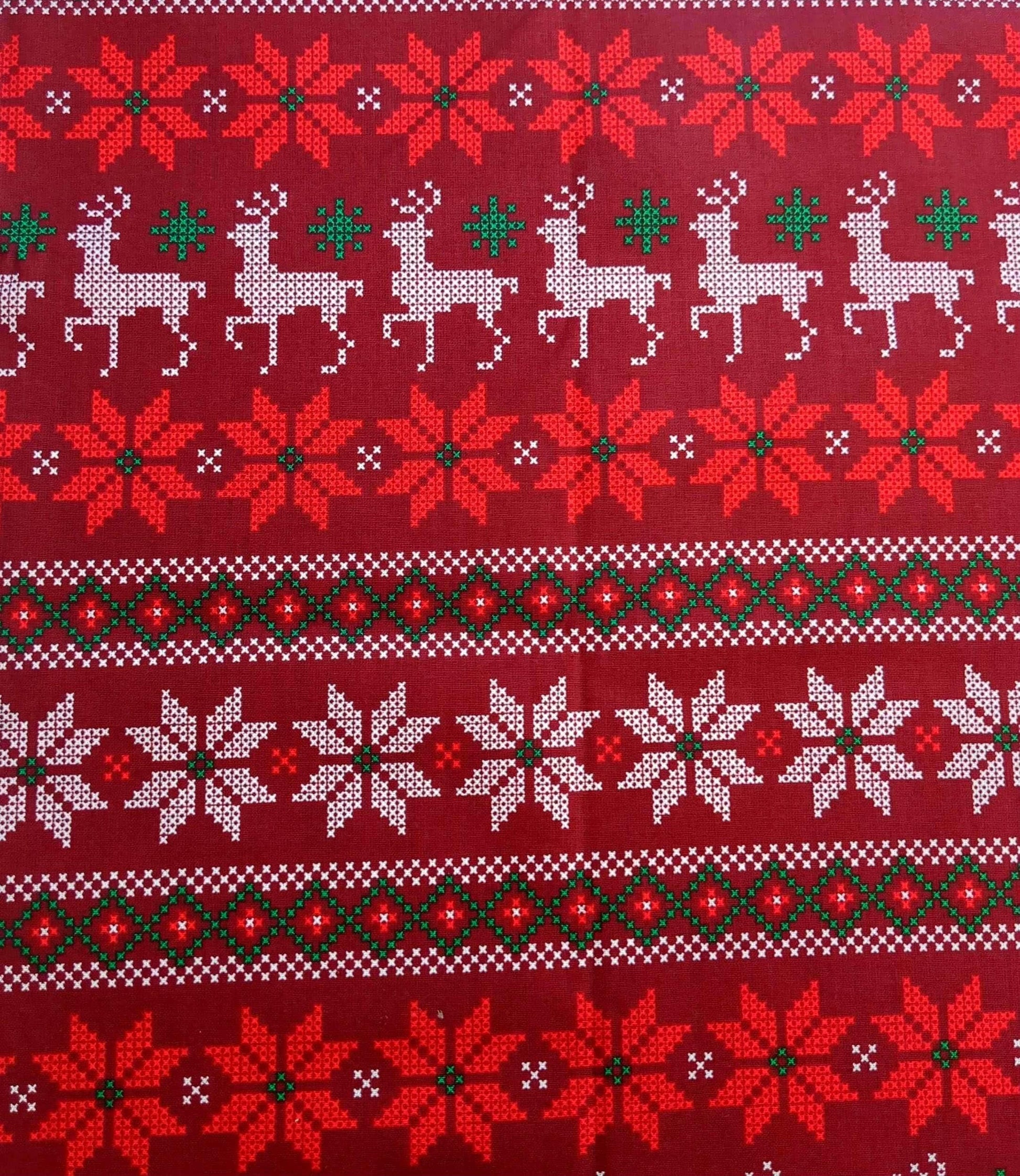 Fair Isle Printed Quilters Cotton Fabric Red White by Yard 44" wide DIY Sewing Home Craft Fashion