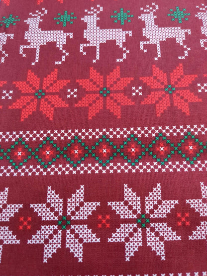 Fair Isle Printed Quilters Cotton Fabric Red White by Yard 44" wide DIY Sewing Home Craft Fashion