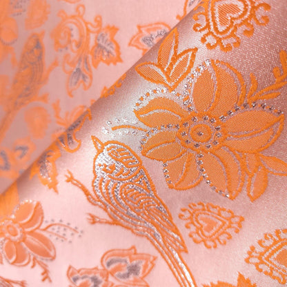 Metallic Brocade Fabric Tangerine Orange Finch Birds and Hearts Floral Pattern 57"w by the Yard DIY Sewing, dress making, home decor