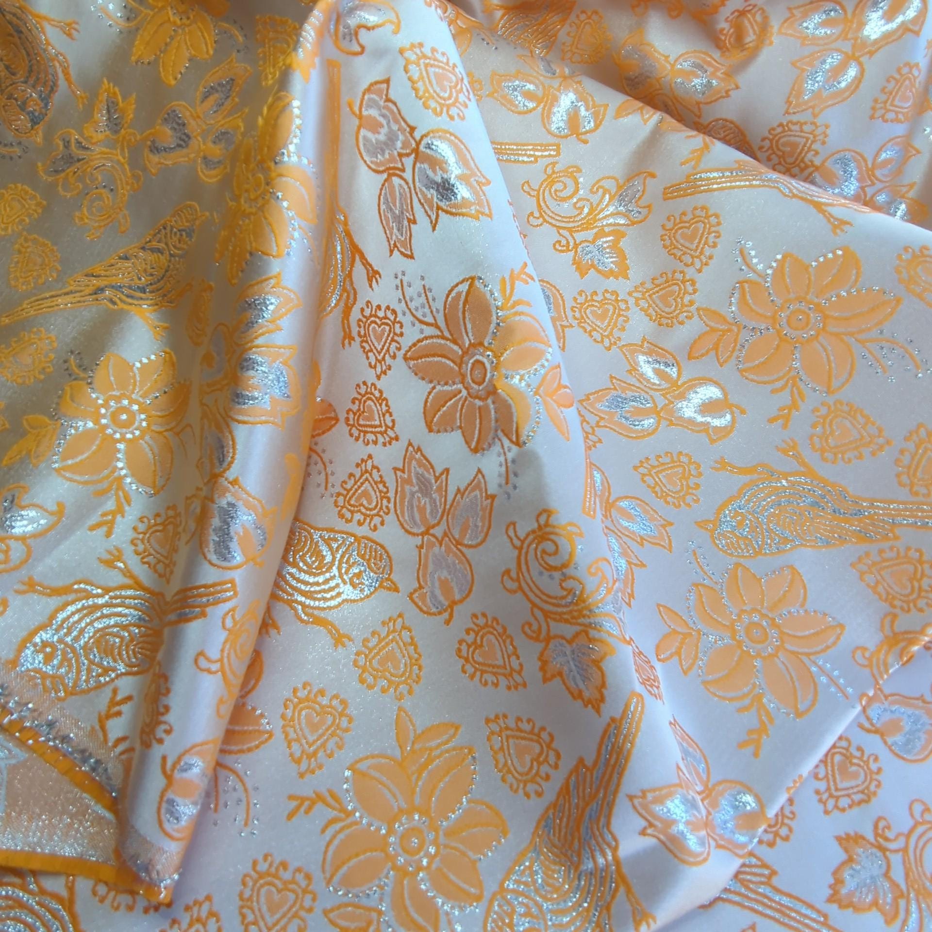 Metallic Brocade Fabric Tangerine Orange Finch Birds and Hearts Floral Pattern 57"w by the Yard DIY Sewing, dress making, home decor