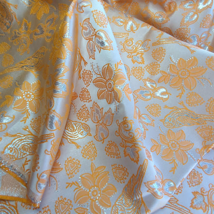 Metallic Brocade Fabric Tangerine Orange Finch Birds and Hearts Floral Pattern 57"w by the Yard DIY Sewing, dress making, home decor