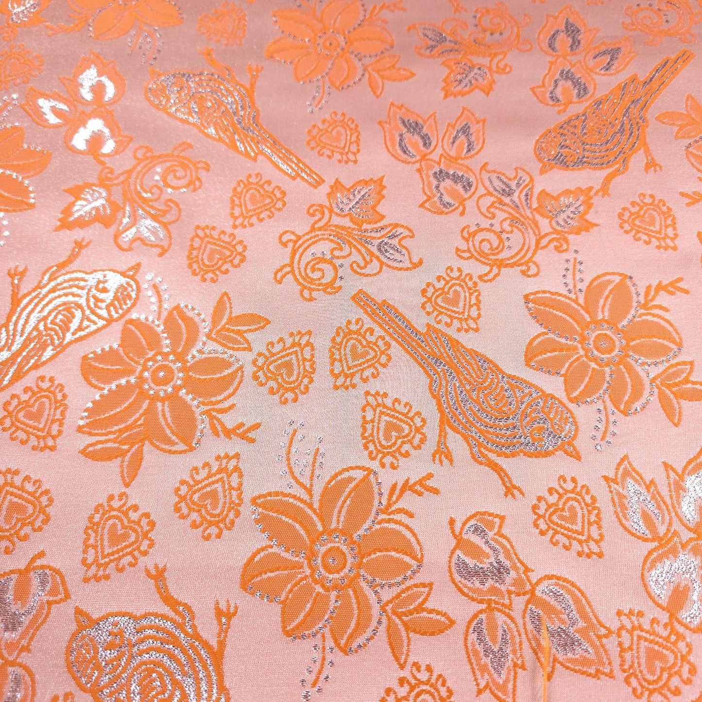Metallic Brocade Fabric Tangerine Orange Finch Birds and Hearts Floral Pattern 57"w by the Yard DIY Sewing, dress making, home decor