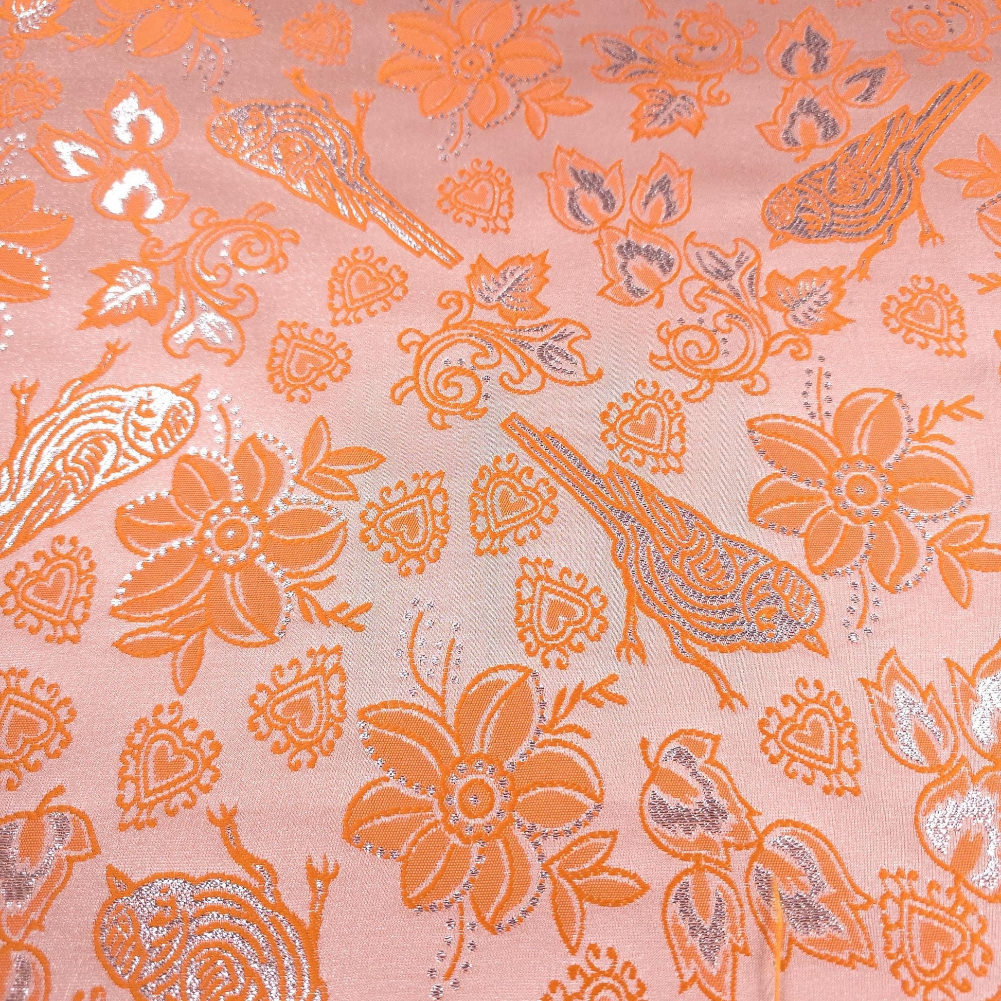 Metallic Brocade Fabric Tangerine Orange Finch Birds and Hearts Floral Pattern 57"w by the Yard DIY Sewing, dress making, home decor