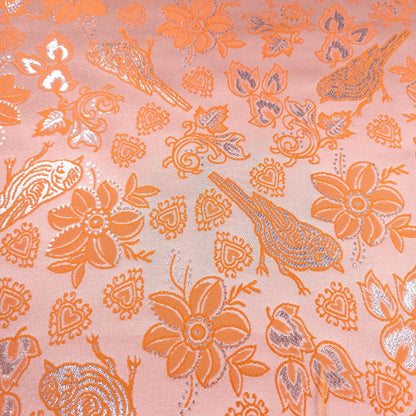 Metallic Brocade Fabric Tangerine Orange Finch Birds and Hearts Floral Pattern 57"w by the Yard DIY Sewing, dress making, home decor