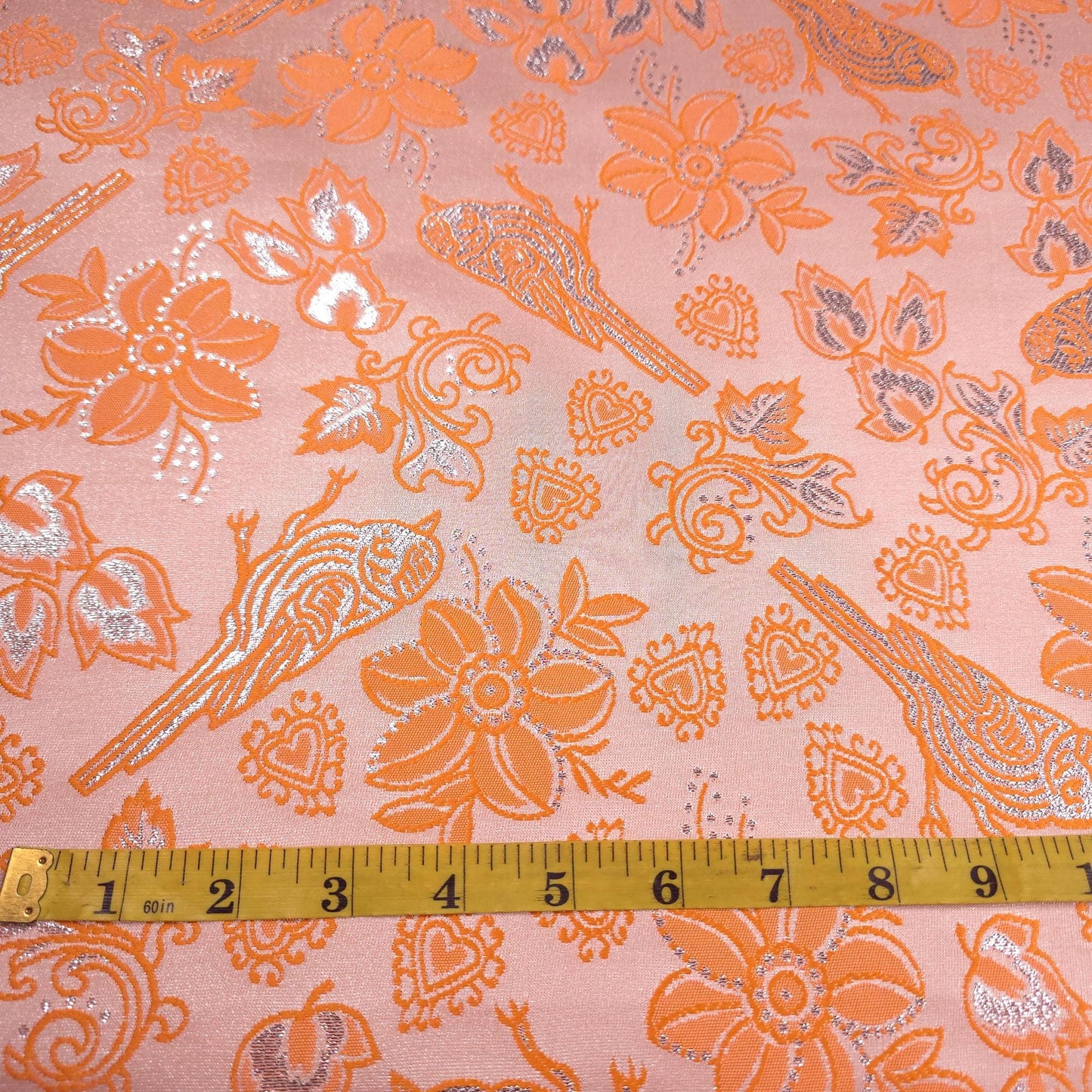 Metallic Brocade Fabric Tangerine Orange Finch Birds and Hearts Floral Pattern 57"w by the Yard DIY Sewing, dress making, home decor