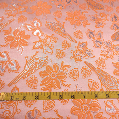 Metallic Brocade Fabric Tangerine Orange Finch Birds and Hearts Floral Pattern 57"w by the Yard DIY Sewing, dress making, home decor