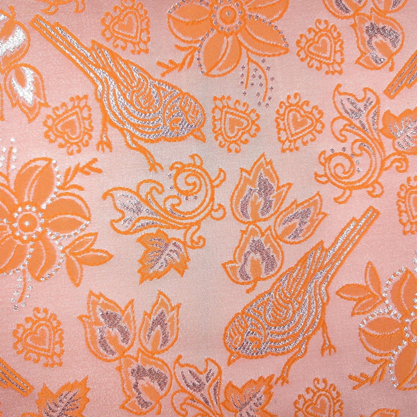 Metallic Brocade Fabric Tangerine Orange Finch Birds and Hearts Floral Pattern 57"w by the Yard DIY Sewing, dress making, home decor
