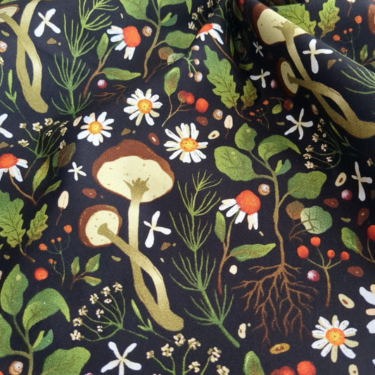 Woodland Mushroom Floral Botanical Print on Black Cotton Fabric By Yard 44" Wide DIY Sewing and Home Decor