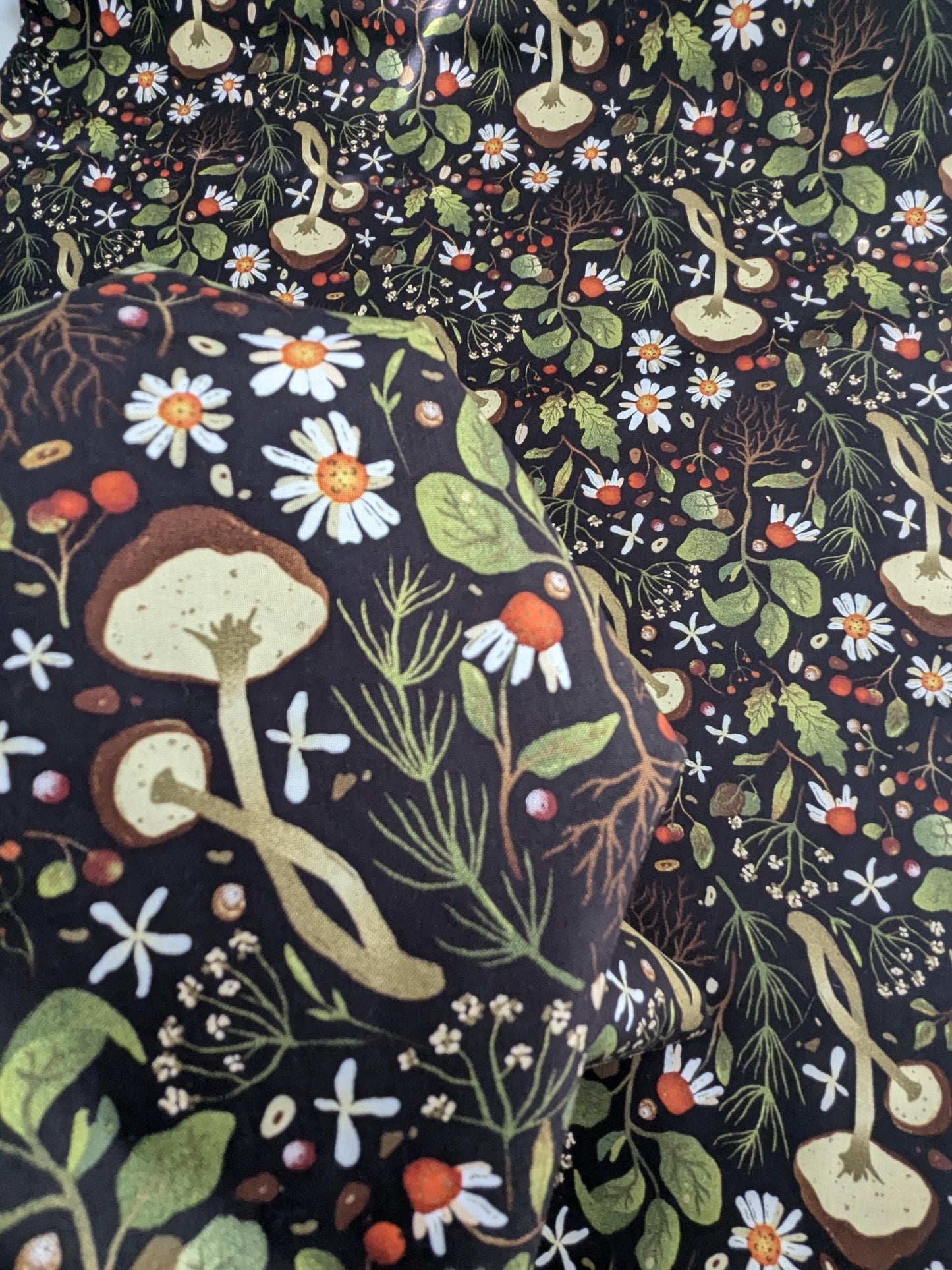 Woodland Mushroom Floral Botanical Print on Black Cotton Fabric By Yard 44" Wide DIY Sewing and Home Decor
