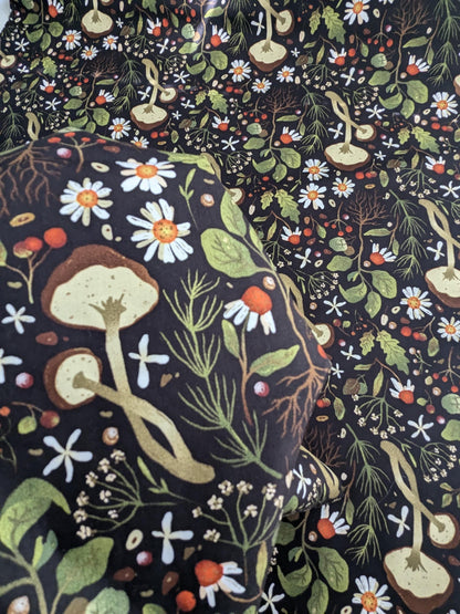 Woodland Mushroom Floral Botanical Print on Black Cotton Fabric By Yard 44" Wide DIY Sewing and Home Decor