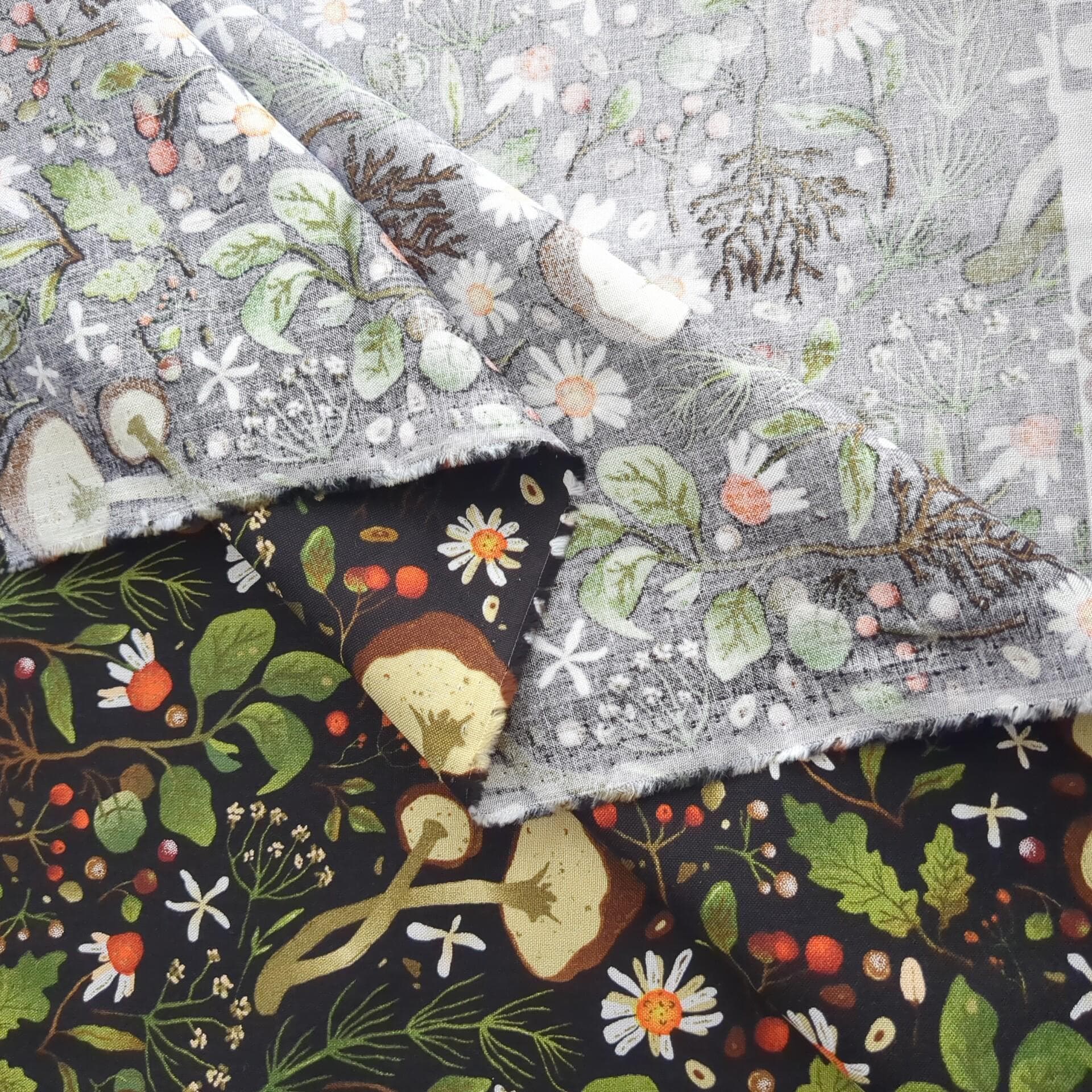 Woodland Mushroom Floral Botanical Print on Black Cotton Fabric By Yard 44" Wide DIY Sewing and Home Decor