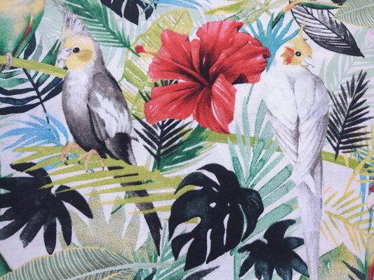 Tropical Island Birds Cotton Fabric Green Palms Red Pink Hibiscus Flower by Grace Popp