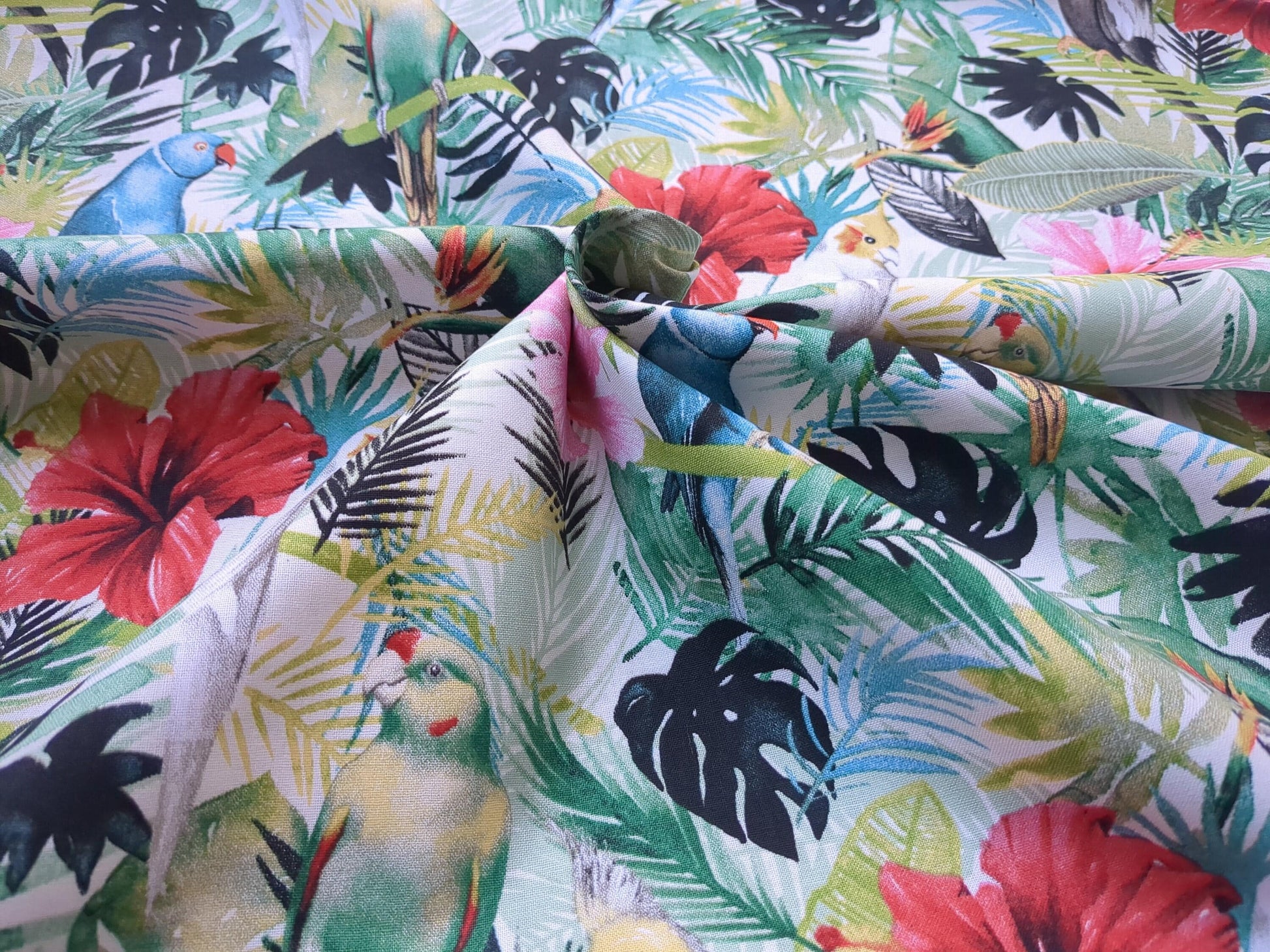 Tropical Island Birds Cotton Fabric Green Palms Red Pink Hibiscus Flower by Grace Popp