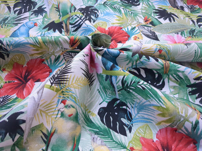 Tropical Island Birds Cotton Fabric Green Palms Red Pink Hibiscus Flower by Grace Popp