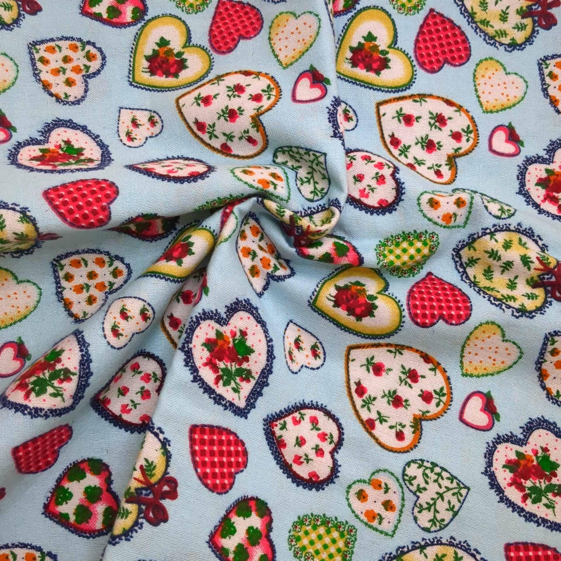 Valentine Hearts Print Light Blue Cotton Flannel Fabric 44" wide By the Yard