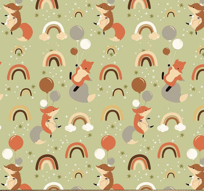 Baby Woodland Red Fox n Rainbows Green Cute Flannel Prints 100% Cotton Flannel Fabric - DIY Sewing and No Sew Creations