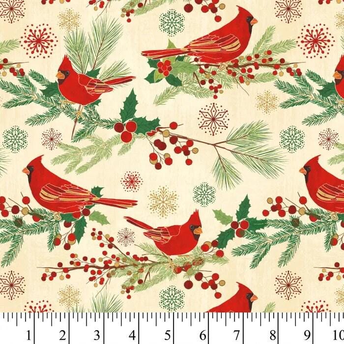 Cotton Fabric 44"x70” Red Cardinal Birds On Beige Background Holiday Winter Print Green Holly Pine and Snowflakes
