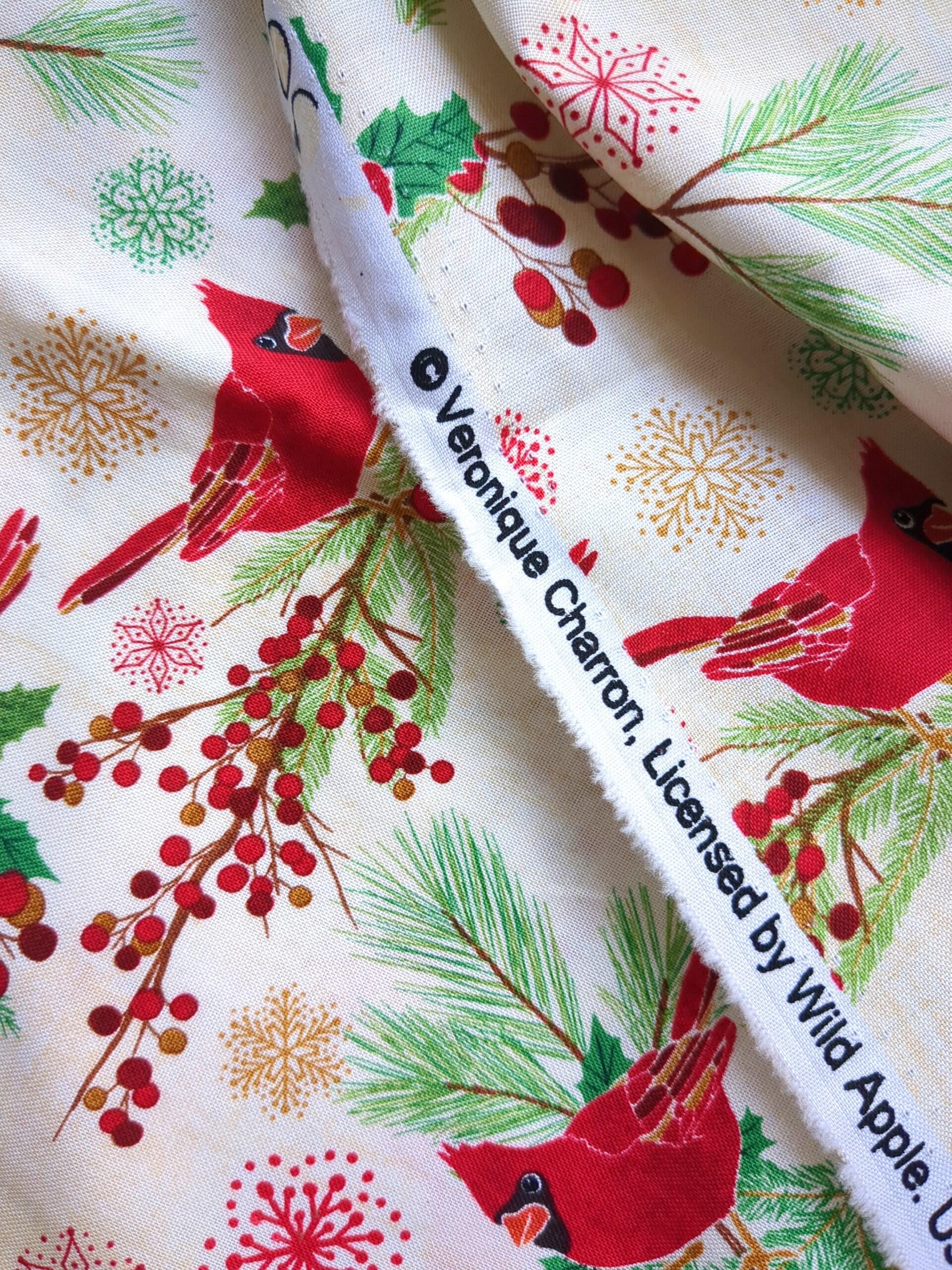 Cotton Fabric 44"x70” Red Cardinal Birds On Beige Background Holiday Winter Print Green Holly Pine and Snowflakes