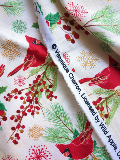 Cotton Fabric 44"x70” Red Cardinal Birds On Beige Background Holiday Winter Print Green Holly Pine and Snowflakes