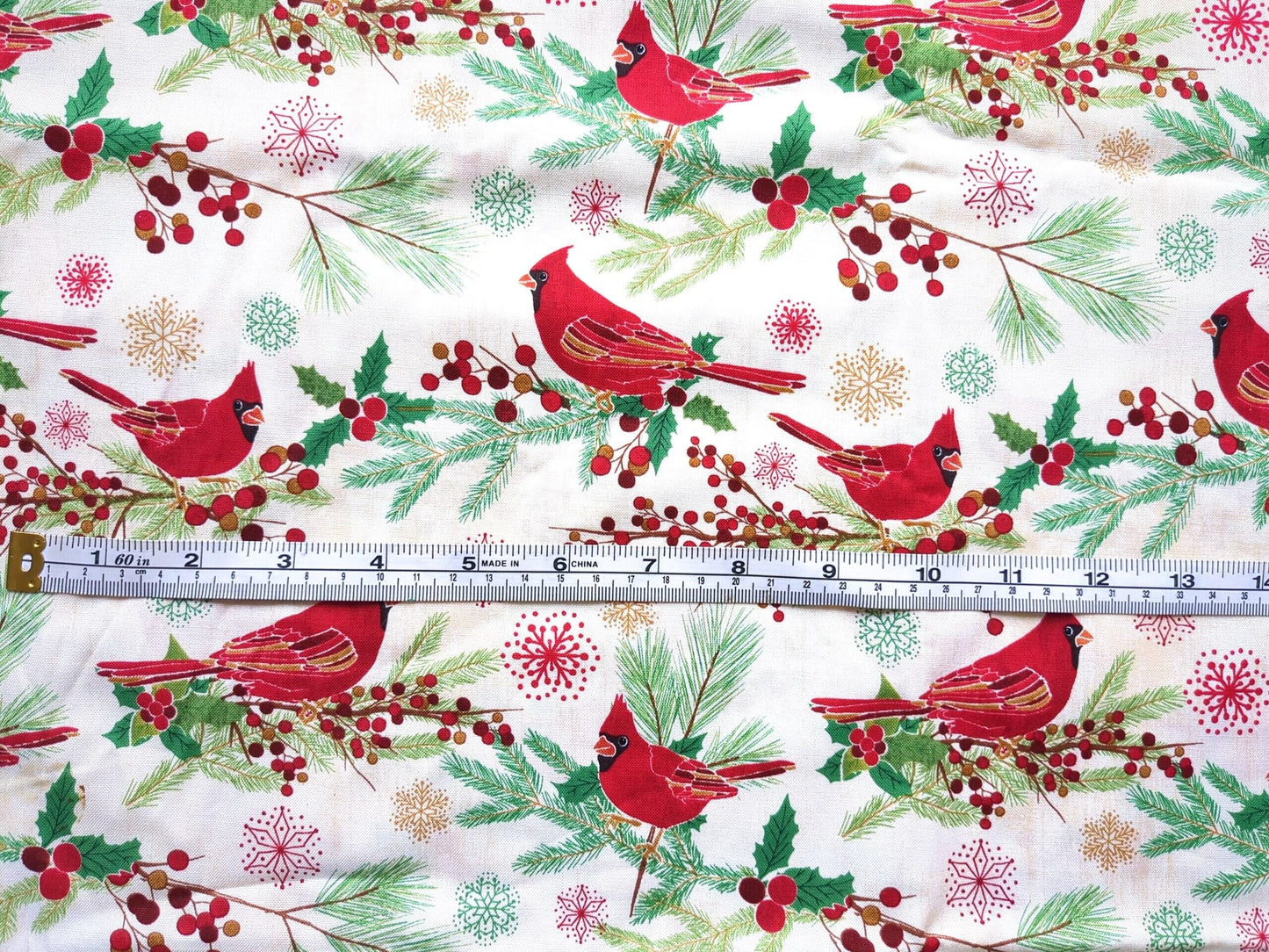 Cotton Fabric 44"x70” Red Cardinal Birds On Beige Background Holiday Winter Print Green Holly Pine and Snowflakes