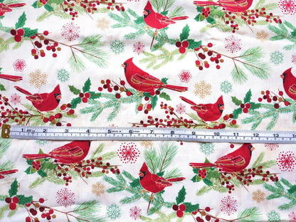 Cotton Fabric 44"x70” Red Cardinal Birds On Beige Background Holiday Winter Print Green Holly Pine and Snowflakes