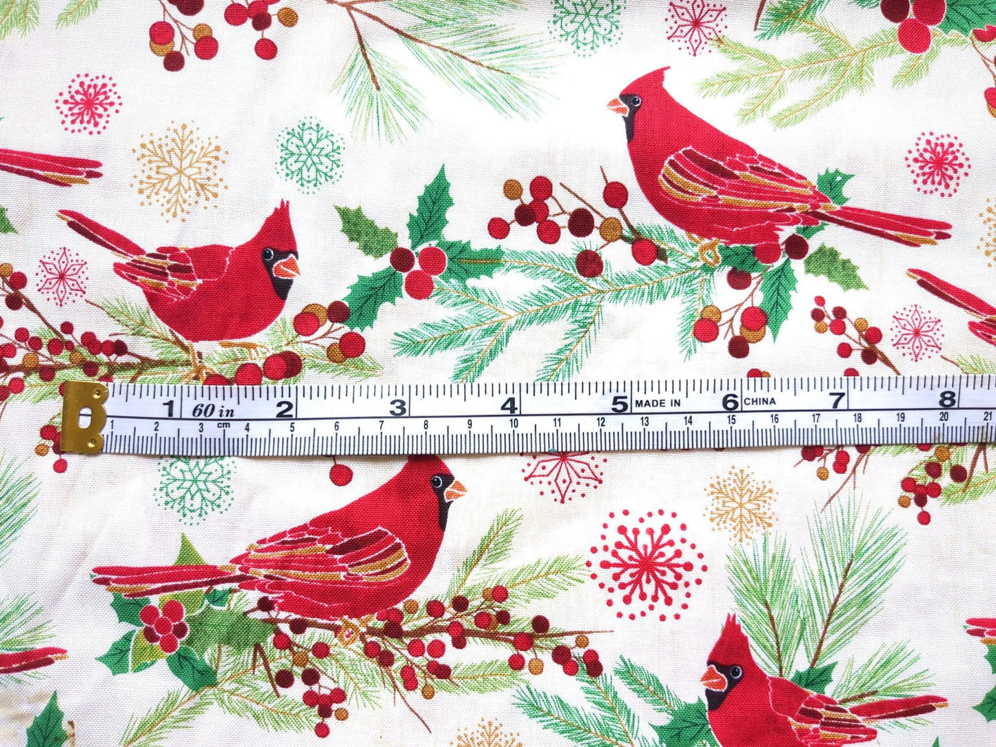 Cotton Fabric 44"x70” Red Cardinal Birds On Beige Background Holiday Winter Print Green Holly Pine and Snowflakes