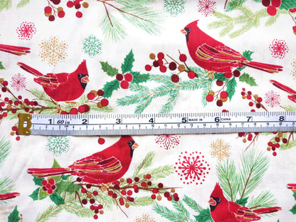 Cotton Fabric 44"x70” Red Cardinal Birds On Beige Background Holiday Winter Print Green Holly Pine and Snowflakes