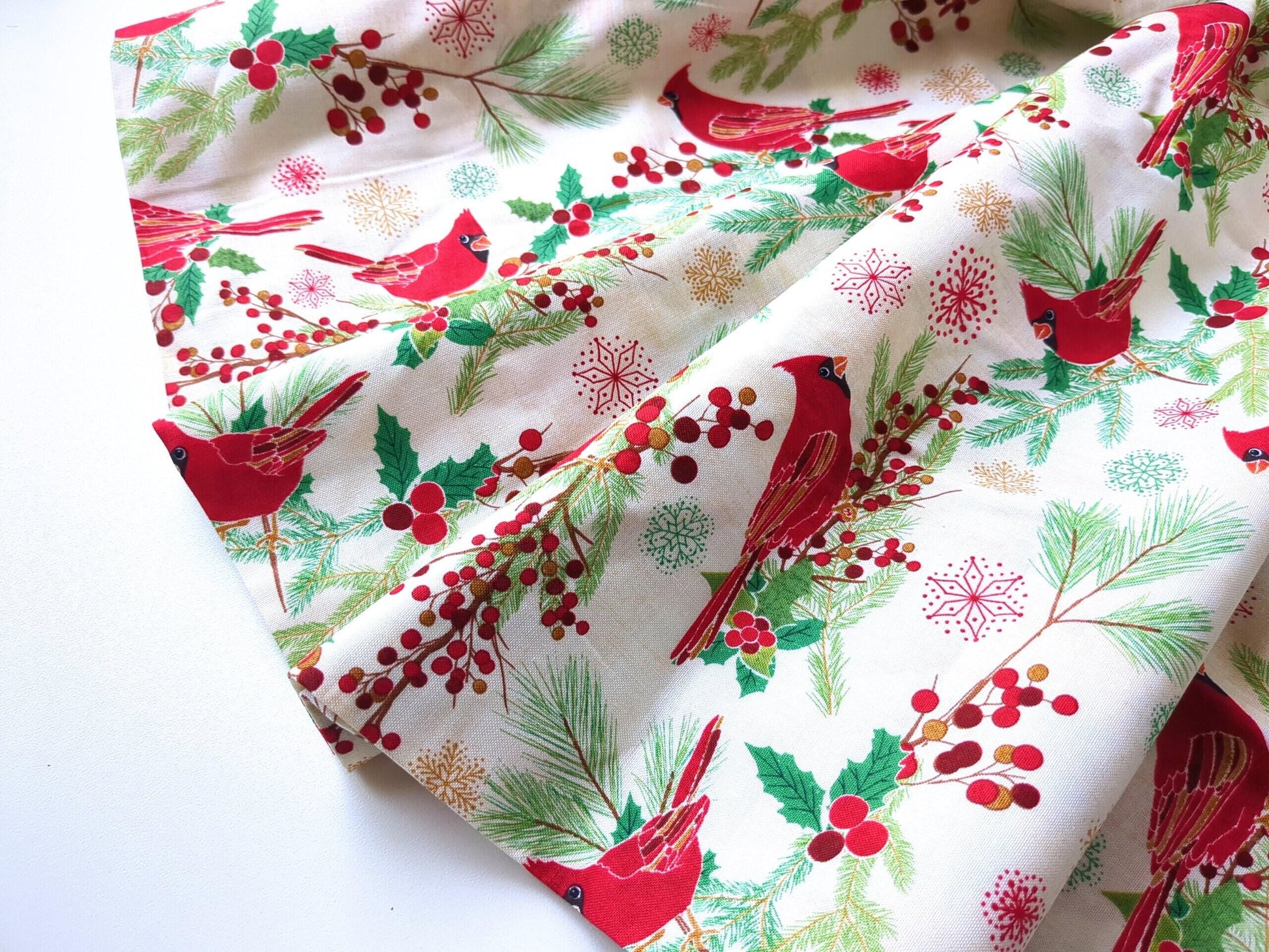 Cotton Fabric 44"x70” Red Cardinal Birds On Beige Background Holiday Winter Print Green Holly Pine and Snowflakes