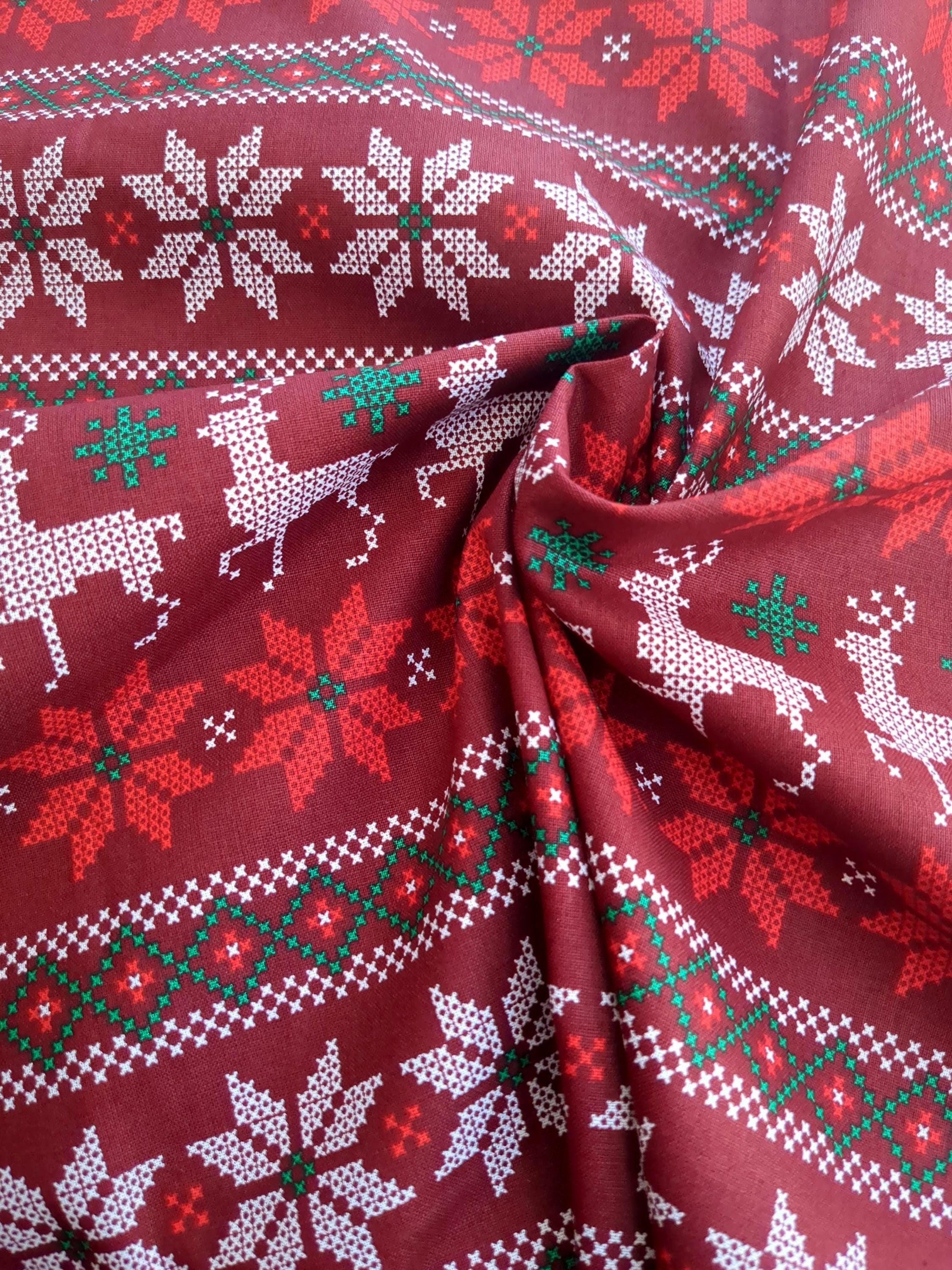 Fair Isle Printed Quilters Cotton Fabric Red White by Yard 44" wide DIY Sewing Home Craft Fashion