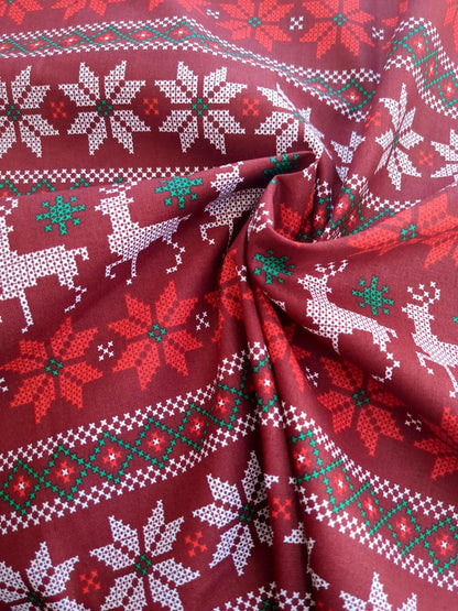 Fair Isle Printed Quilters Cotton Fabric Red White by Yard 44" wide DIY Sewing Home Craft Fashion