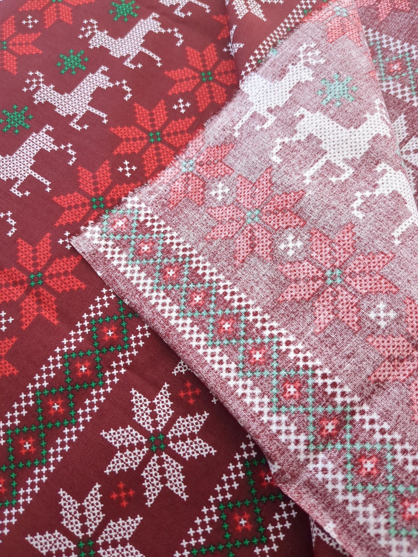 Fair Isle Printed Quilters Cotton Fabric Red White by Yard 44" wide DIY Sewing Home Craft Fashion