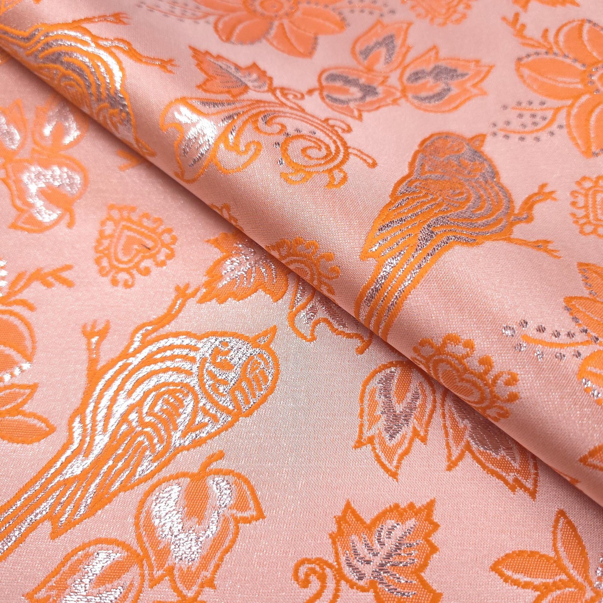 Metallic Brocade Fabric Tangerine Orange Finch Birds and Hearts Floral Pattern 57"w by the Yard DIY Sewing, dress making, home decor