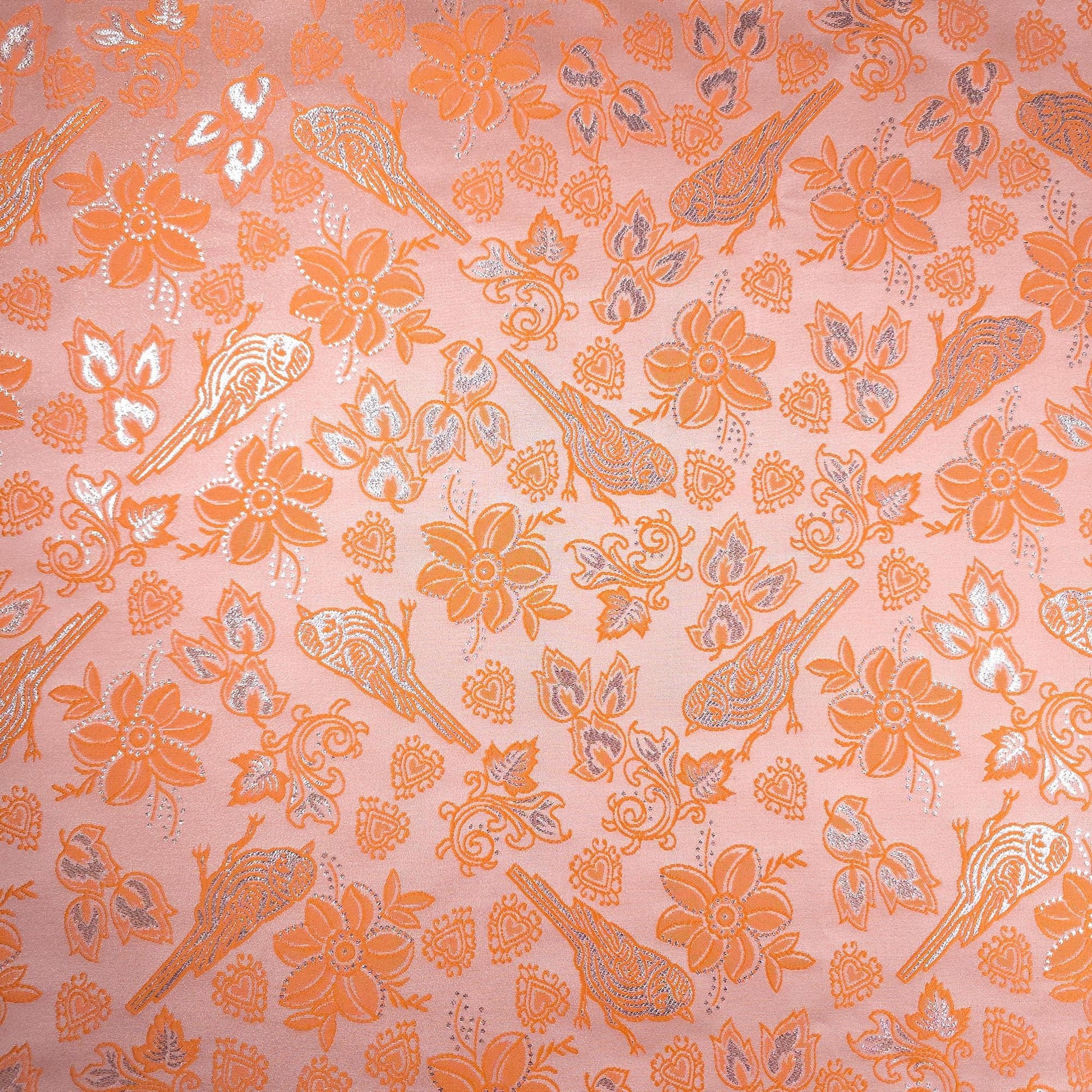 Metallic Brocade Fabric Tangerine Orange Finch Birds and Hearts Floral Pattern 57"w by the Yard DIY Sewing, dress making, home decor