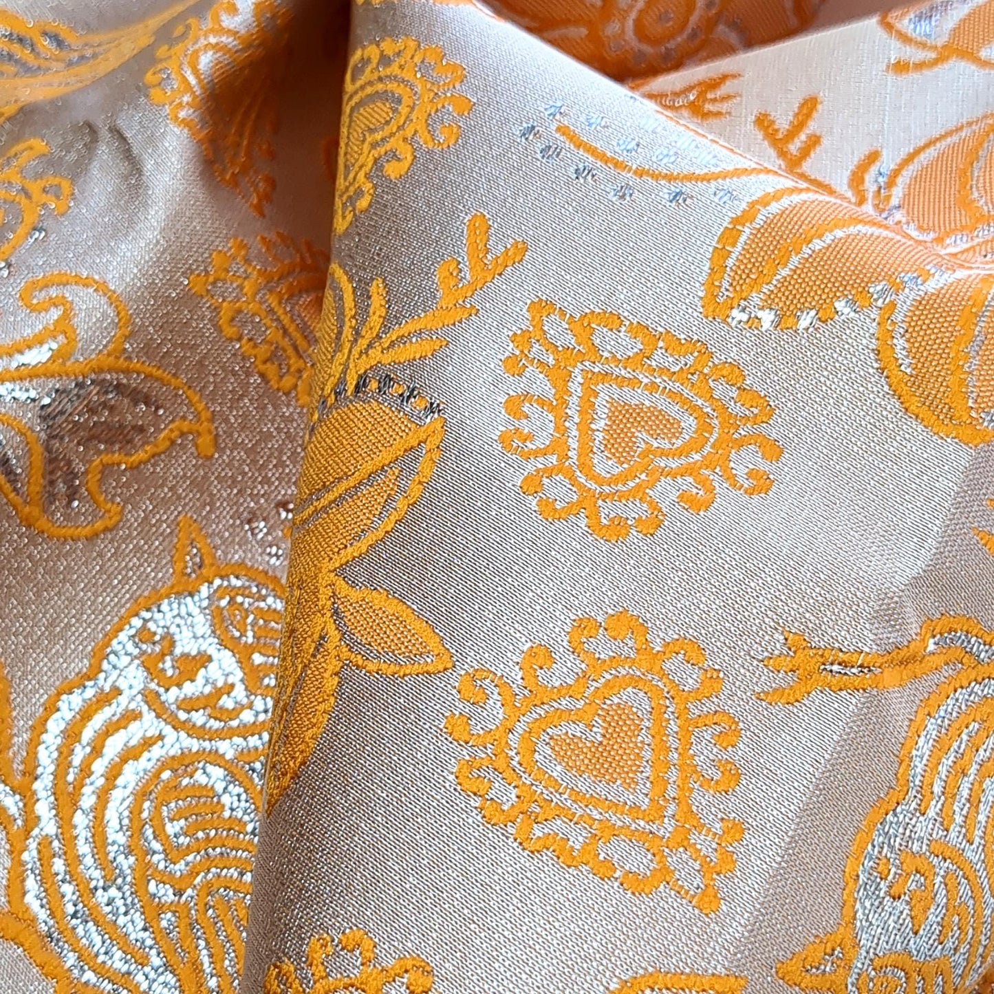 Metallic Brocade Fabric Tangerine Orange Finch Birds and Hearts Floral Pattern 57"w by the Yard DIY Sewing, dress making, home decor
