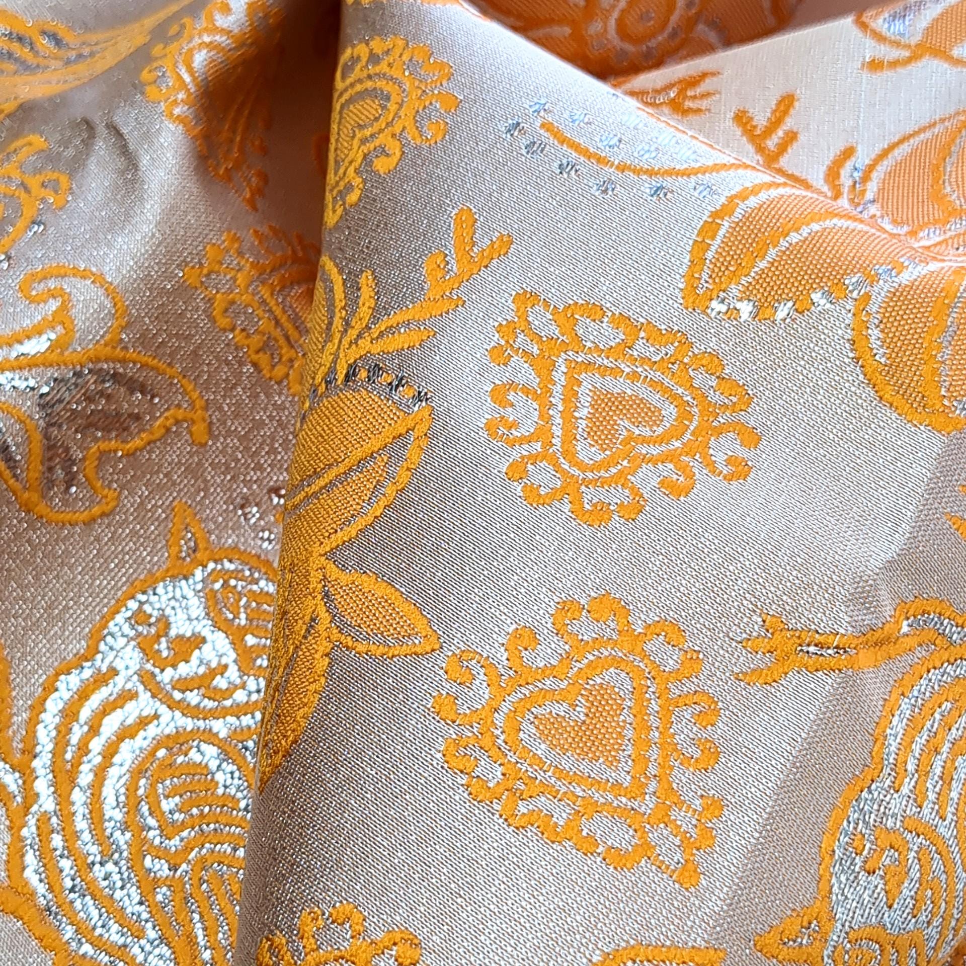 Metallic Brocade Fabric Tangerine Orange Finch Birds and Hearts Floral Pattern 57"w by the Yard DIY Sewing, dress making, home decor
